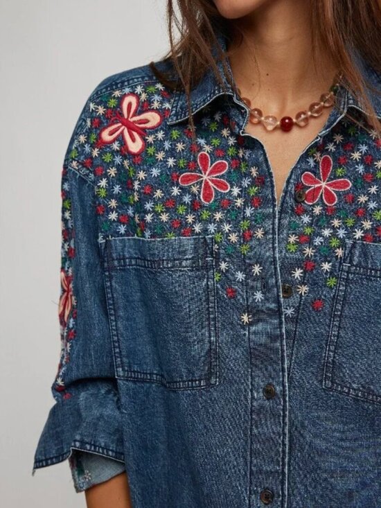 Free People Tops - FREE PEOPLE NWT Rainbow Embroidered Denim Shirt / Rinse Wash